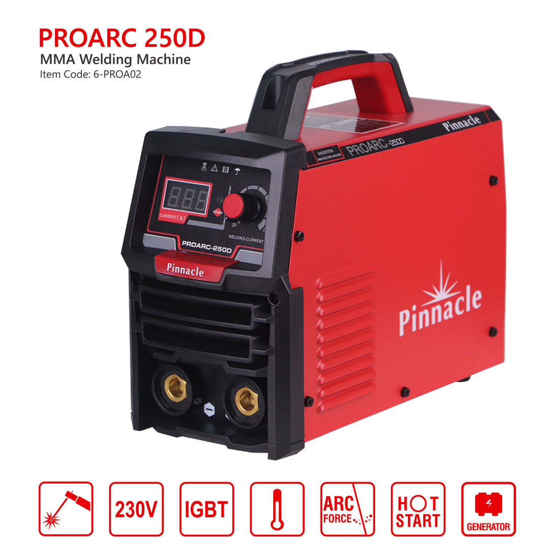 Pinnacle PROARC 250D MMA Welding Machine displayed prominently, highlighting its robust design and advanced features like the digital LCD display, set against a clean, white background, ideal for professional and DIY welding tasks in South Africa.